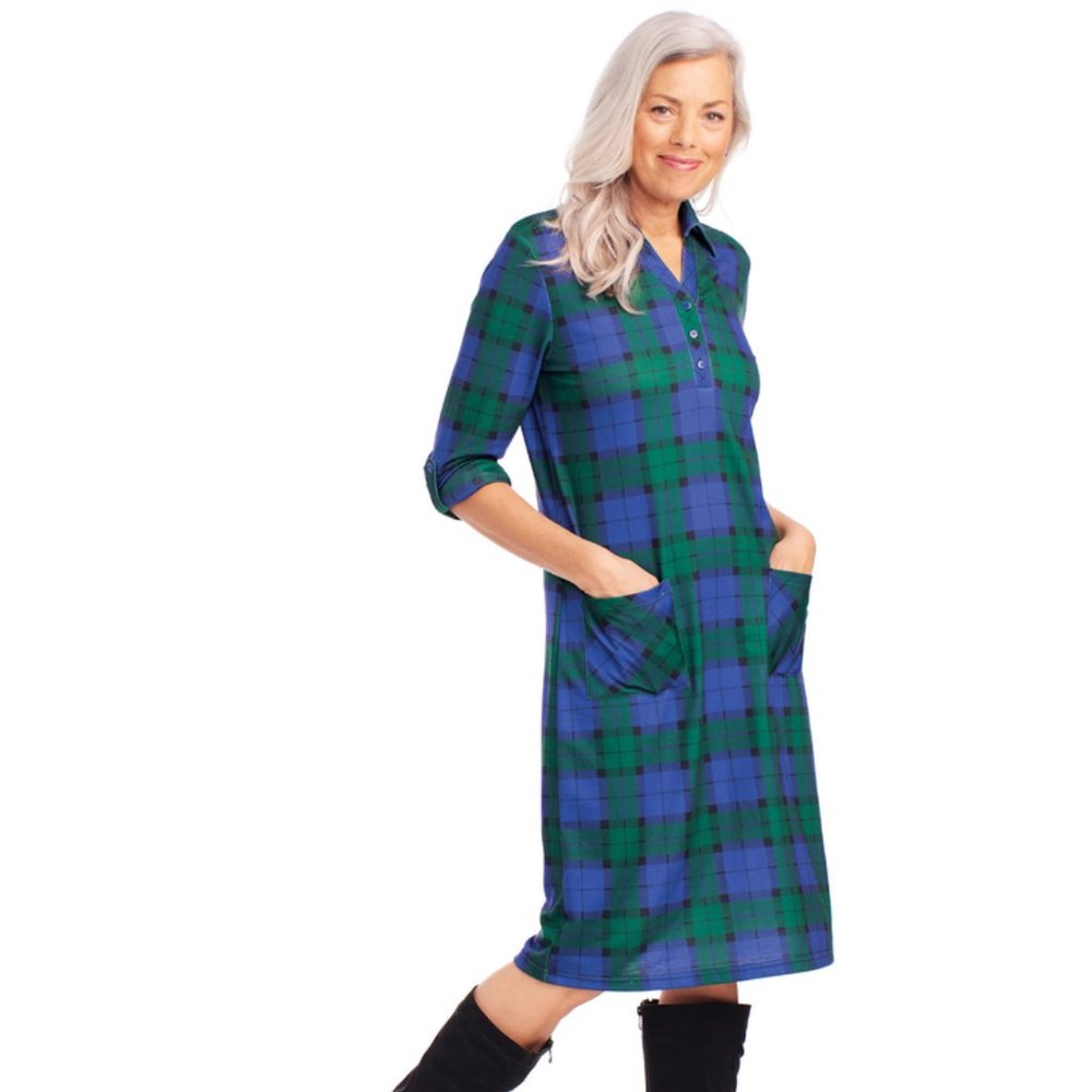 NEW Blue Plaid Plus Sz 2X Church Office Stretchy Knee Length Dress BLAIR